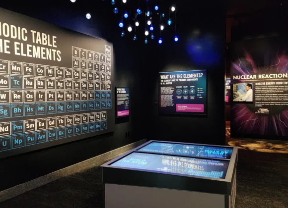 Periodic Table wall display, interactive touchscreen table, and Nuclear Reactions Lab exhibit in a museum.