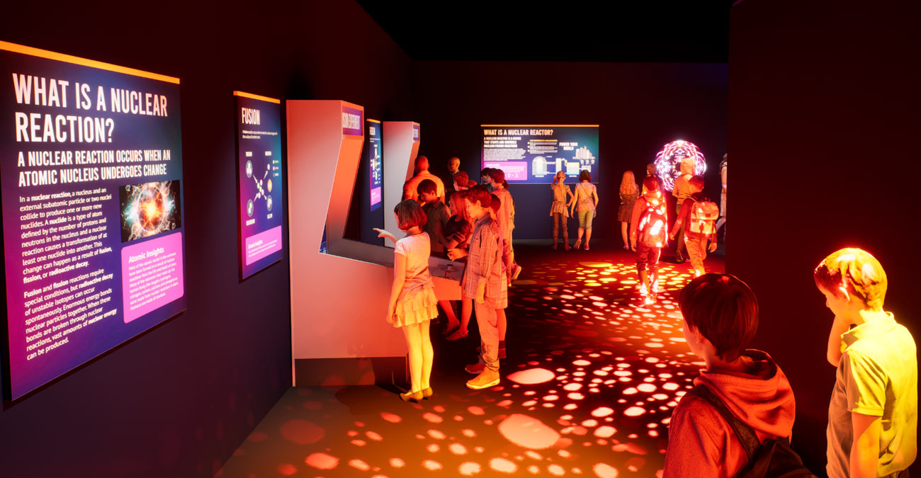 Visitors exploring the immersive Atomic Odyssey exhibit at the Atomic Museum in Las Vegas, featuring interactive STEM displays and vibrant lighting.