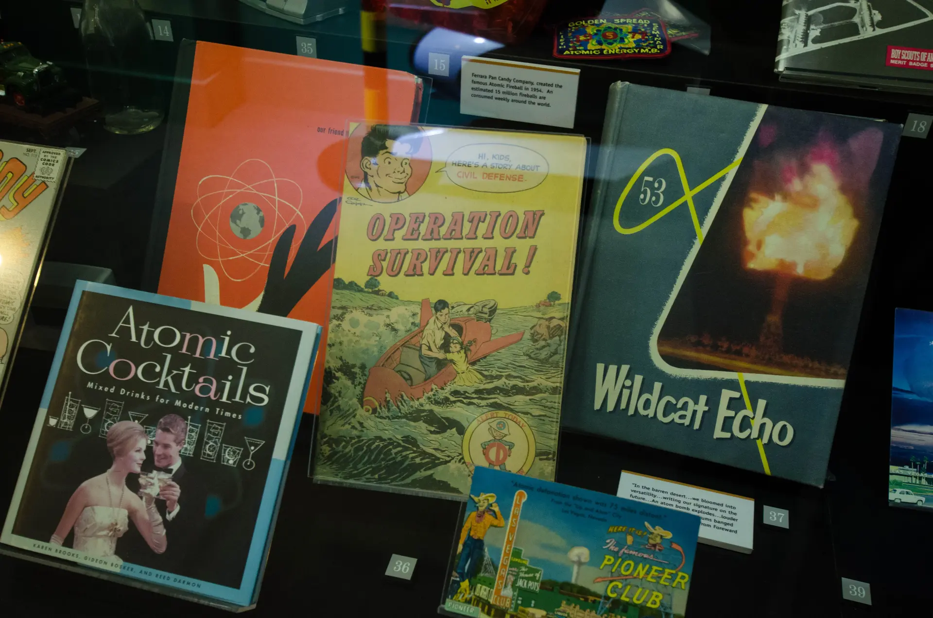 Display case with atomic-themed books, comics, and retro cocktail guides.
