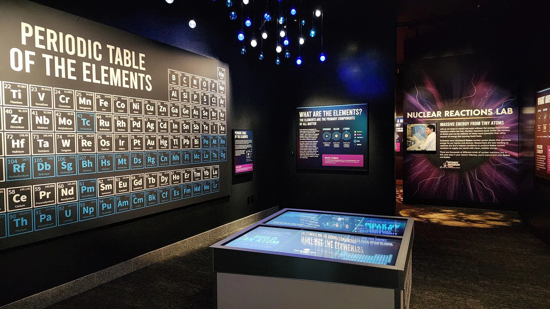 Periodic Table wall display, interactive touchscreen table, and Nuclear Reactions Lab exhibit in a museum.