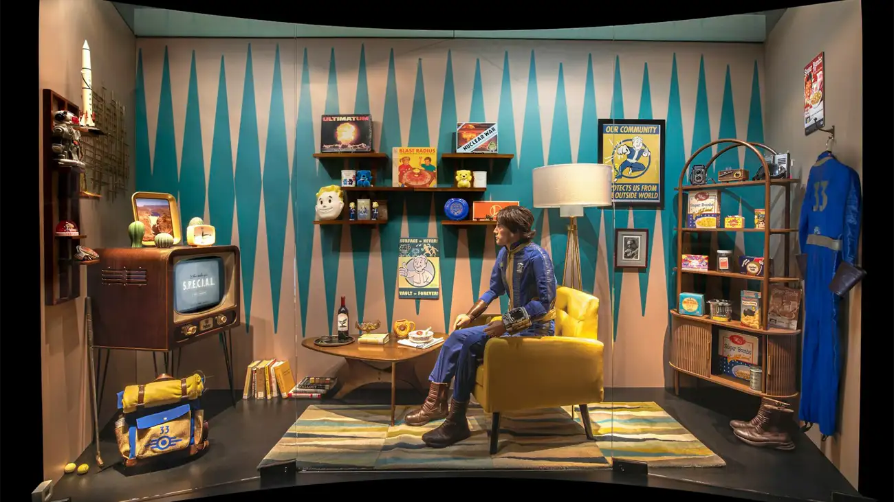 Vault-Tec living room diorama with mannequin in a Vault suit.